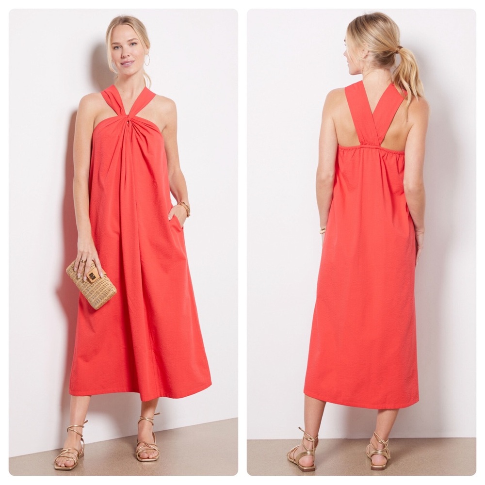 Faherty Bay Twist Seersucker Dress Hibiscus Red Size Small